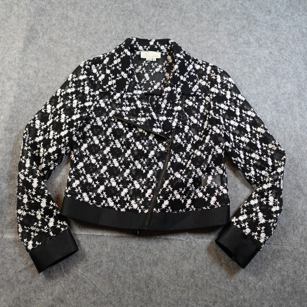 Sachin Babi Jacket Womens‎ Medium Moto Asymmetric Zip Sheer Mesh Floral Black